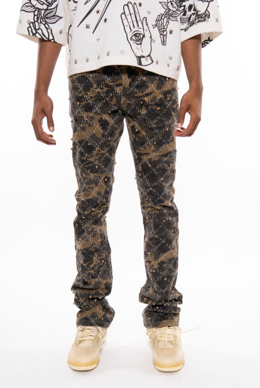 VICIOUS EMBELLISH RHINESTONE FLARE DENIM CAMO BROWN