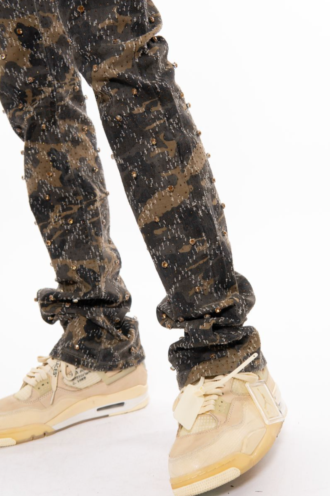 VICIOUS EMBELLISH RHINESTONE FLARE DENIM CAMO BROWN