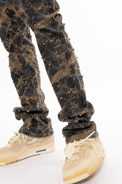 VICIOUS EMBELLISH RHINESTONE FLARE DENIM CAMO BROWN