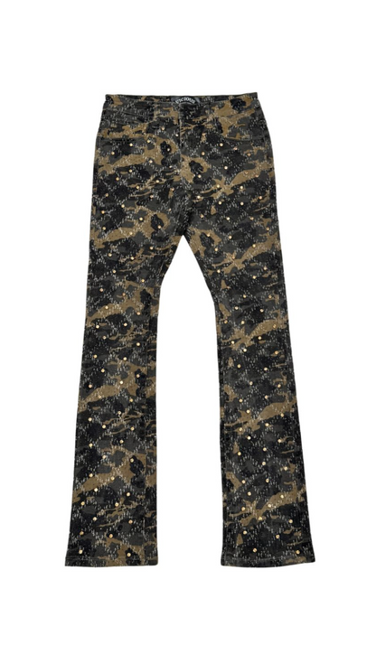 VICIOUS EMBELLISH RHINESTONE FLARE DENIM CAMO BROWN