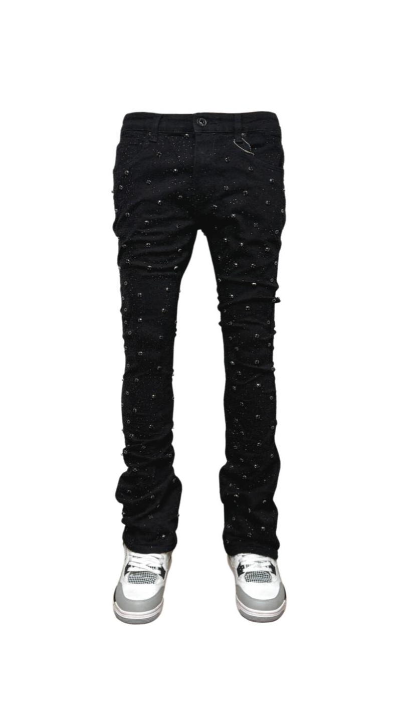 VICIOUS EMBELLISH RHINESTONE FLARE DENIM BLACK