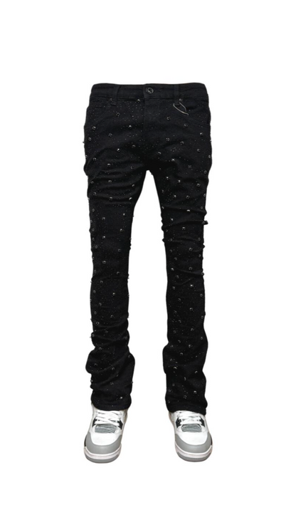 VICIOUS EMBELLISH RHINESTONE FLARE DENIM BLACK