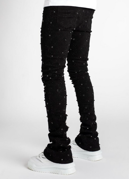 VICIOUS EMBELLISH RHINESTONE FLARE DENIM BLACK