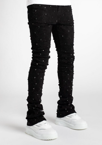VICIOUS EMBELLISH RHINESTONE FLARE DENIM BLACK