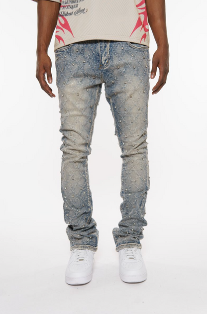 VICIOUS EMBELLISH RHINESTONE FLARE DENIM BLUE