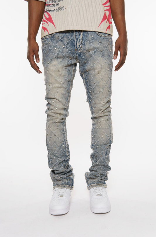 VICIOUS EMBELLISH RHINESTONE FLARE DENIM BLUE