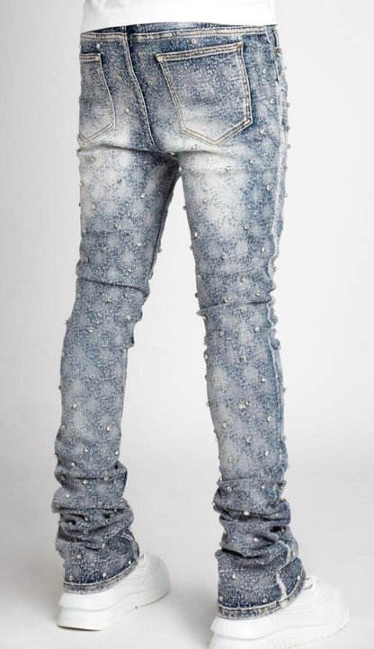 VICIOUS EMBELLISH RHINESTONE FLARE DENIM BLUE
