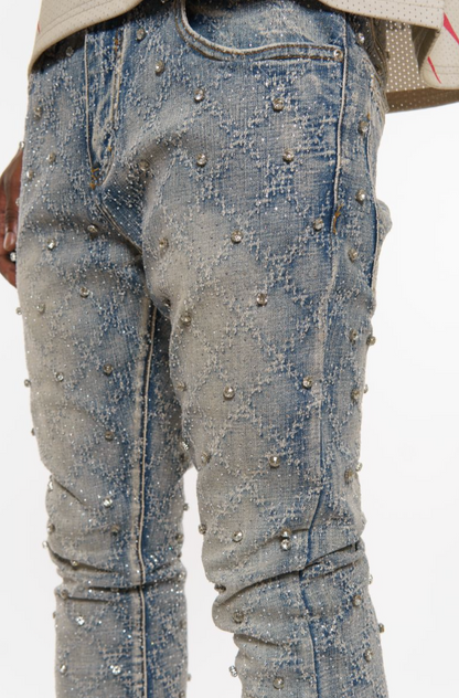 VICIOUS EMBELLISH RHINESTONE FLARE DENIM BLUE
