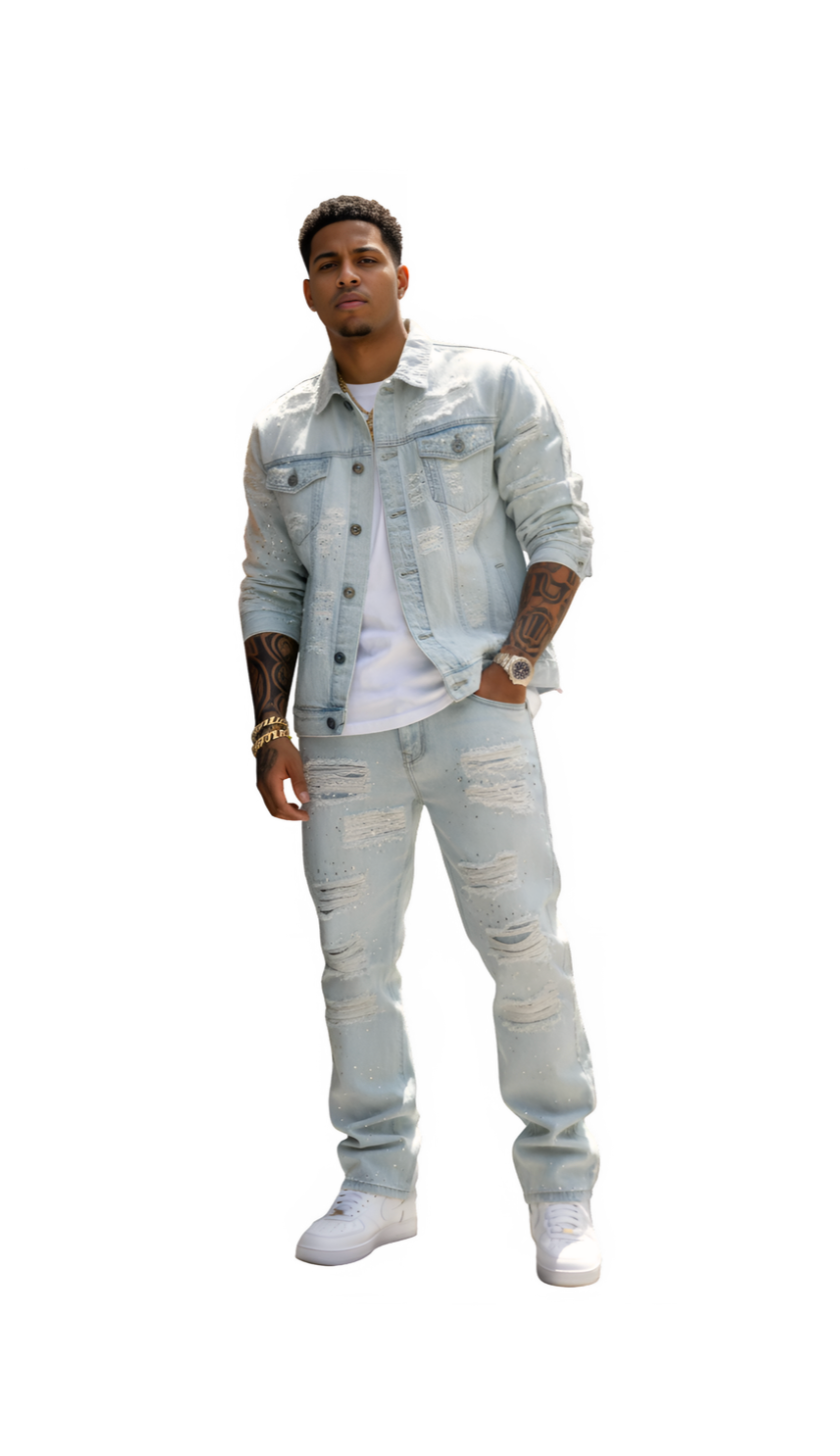 PREMIUM DENIM JACKETS WITH PEARL / RIHNESTONES LIGHT BLUE