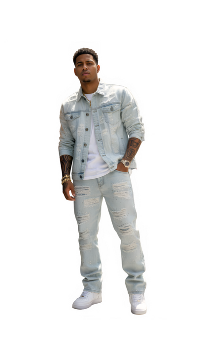 PREMIUM DENIM JACKETS WITH PEARL / RIHNESTONES LIGHT BLUE