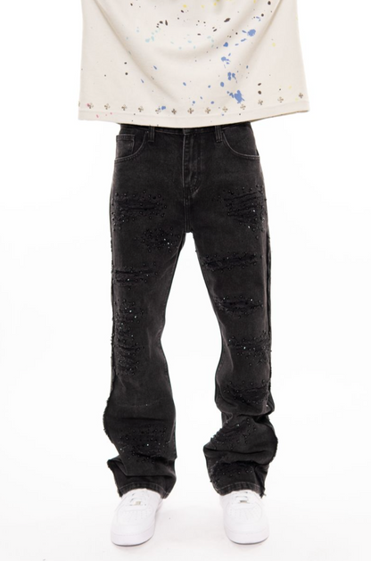 PREMIUM RELAXED WESTERN DENIM WITH PEARL / RIHNESTONES BLACK