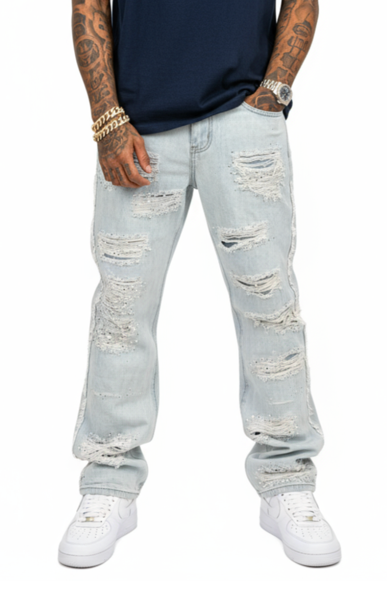 PREMIUM RELAXED FLARE DENIM WITH PEARL / RIHNESTONES LIGHT BLUE
