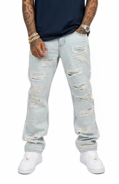 PREMIUM RELAXED FLARE DENIM WITH PEARL / RIHNESTONES LIGHT BLUE