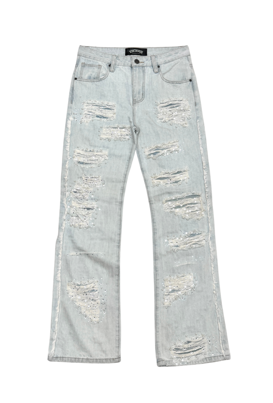PREMIUM RELAXED FLARE DENIM WITH PEARL / RIHNESTONES LIGHT BLUE