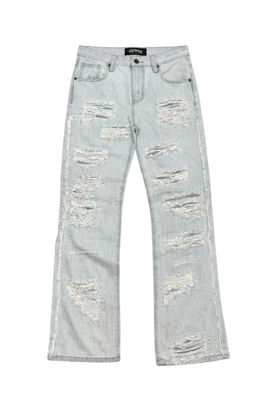 PREMIUM RELAXED FLARE DENIM WITH PEARL / RIHNESTONES LIGHT BLUE
