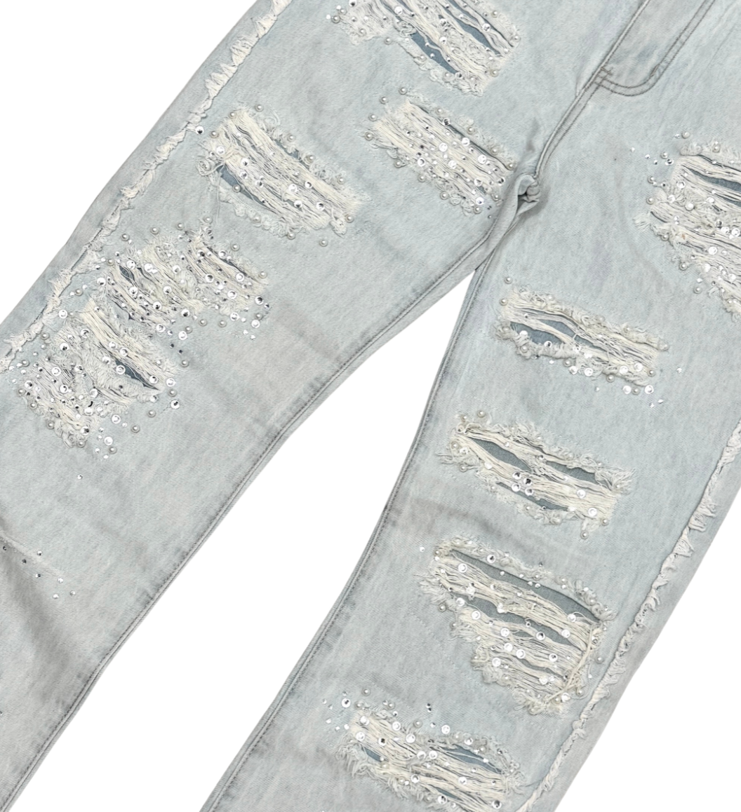 PREMIUM RELAXED FLARE DENIM WITH PEARL / RIHNESTONES LIGHT BLUE
