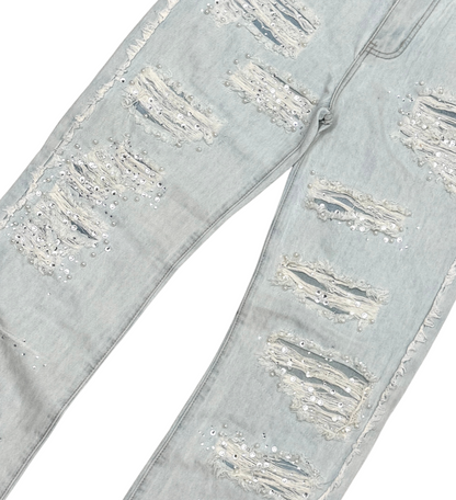 PREMIUM RELAXED FLARE DENIM WITH PEARL / RIHNESTONES LIGHT BLUE