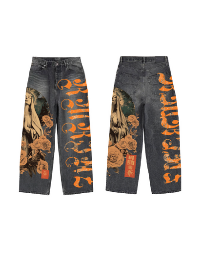 ARMOR DIGITAL PRINT STAKCED JEANS ORANGE PRINT