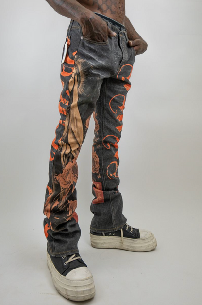 ARMOR DIGITAL PRINT STAKCED JEANS ORANGE PRINT