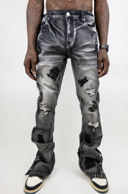 Embroidered Distressed Stacked Jeans with Snaps