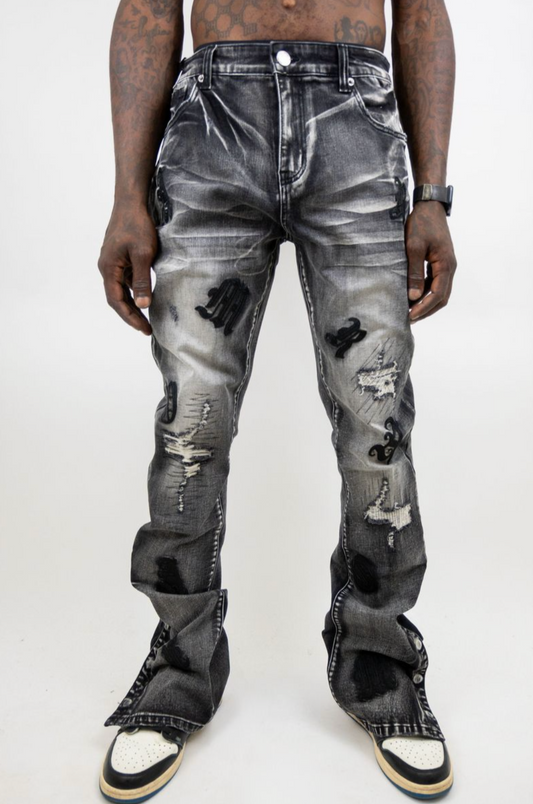 Embroidered Distressed Stacked Jeans with Snaps