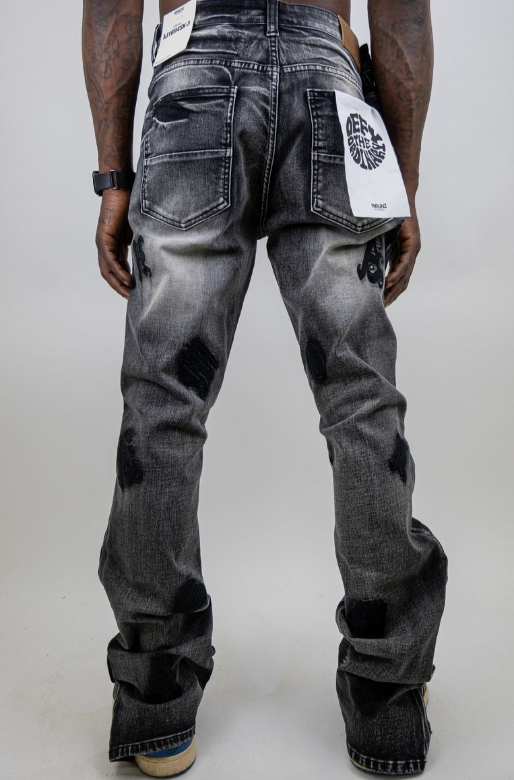 Embroidered Distressed Stacked Jeans with Snaps