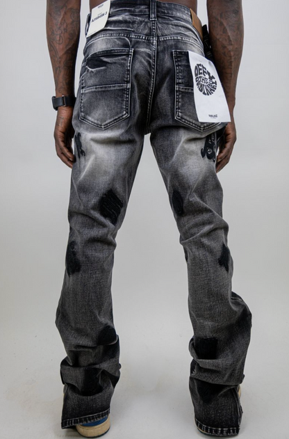 Embroidered Distressed Stacked Jeans with Snaps