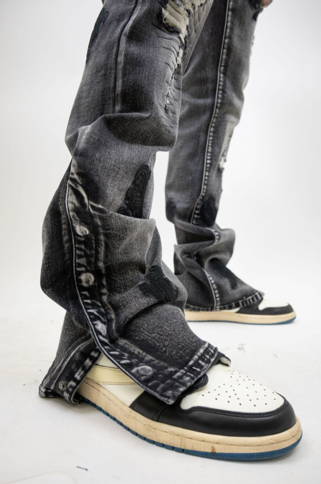 Embroidered Distressed Stacked Jeans with Snaps