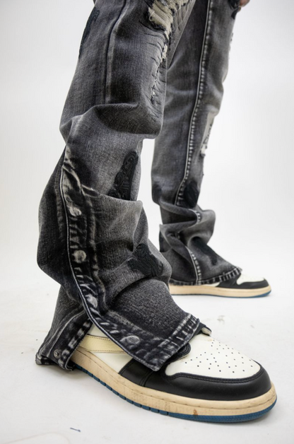 Embroidered Distressed Stacked Jeans with Snaps