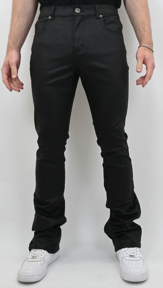 PU FAUX BLACK STACKED JEANS (BLACK)